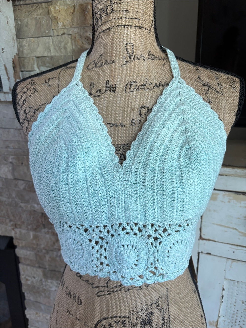 Devi light blue crochet halter top with lace crochet trim cotton boho hippie